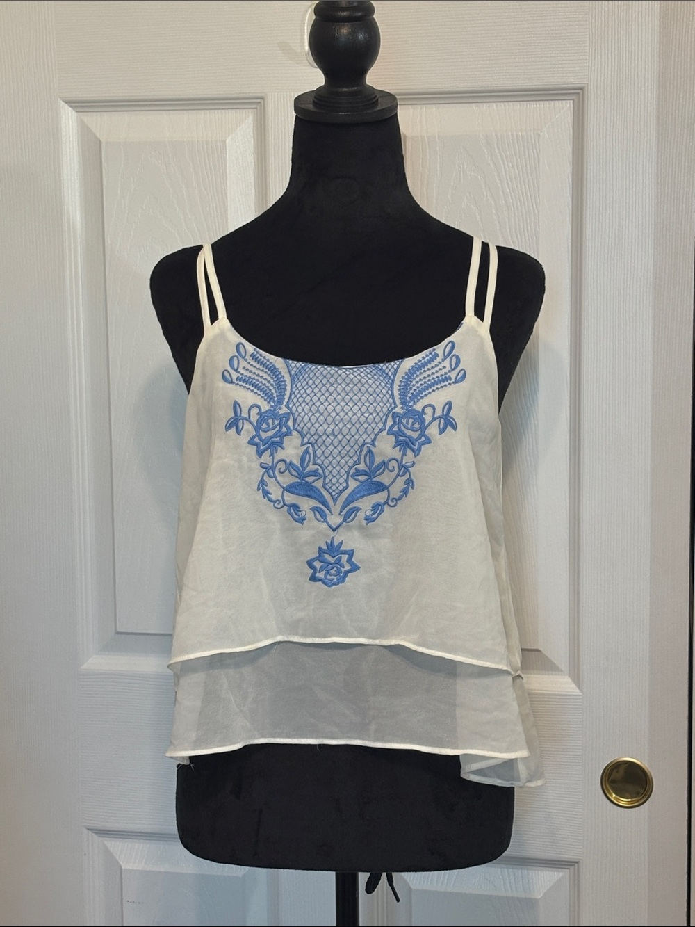 RAGA Anthropologie White Layered Adjustable Straps Blue Floral Embroidery Small
